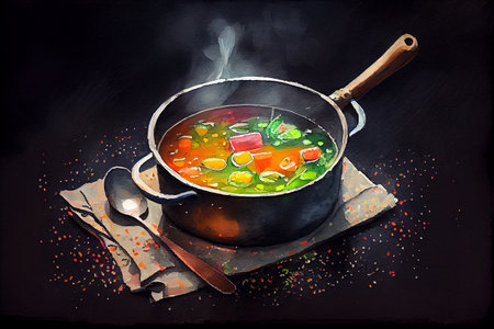 A steaming hot soup served in a pan with rich broth and chunks of vegetables, garnished with herbs or spices, ai generated illustration in watercolor styleの素材