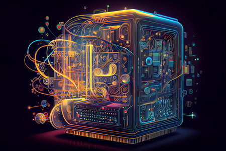 A revolutionary computer device that uses quantum mechanics principles to perform complex calculations at incredible speeds, surpassing the capabilities of classical computers, generative ai illustrationの素材