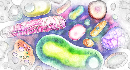 Beautiful microworld, colorful microbes of different shapes, digital illustration in sketch styleの写真素材