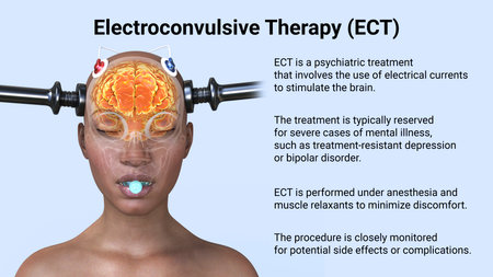 Electroconvulsive therapy, ECT, a treatment used for severe mental illnesses involving the use of electrical currents to stimulate the brain, 3D illustrationの写真素材