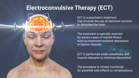 Electroconvulsive therapy, ECT, a treatment used for severe mental illnesses involving the use of electrical currents to stimulate the brain, 3D illustrationの写真素材
