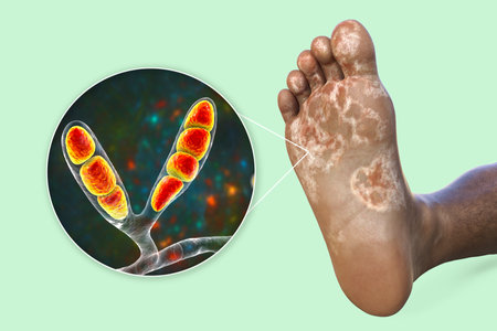 The foot of a dark-skinned person with mycosis, and close-up view of fungi Epidermophyton floccosum that cause Athlete's foot, 3D illustrationの写真素材