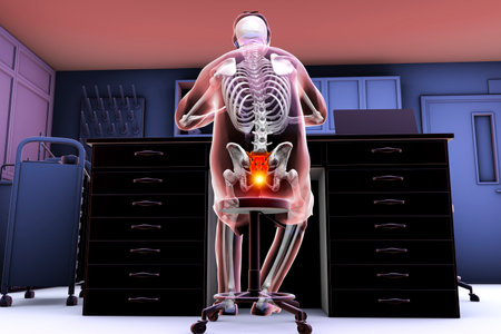 A man in a laboratory setting experiencing pain in his coccyx, conceptual 3D illustration...