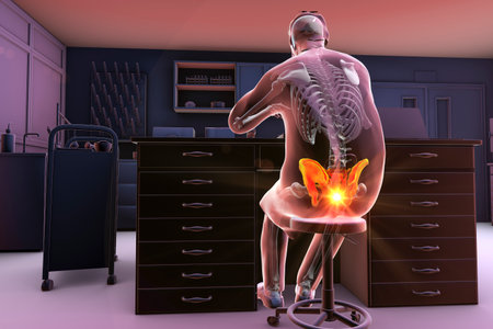A man in a laboratory setting experiencing pain in his coccyx, conceptual 3D illustration highlighting the discomfort and possible injury that can occur from prolonged sitting or repetitive activitiesの写真素材
