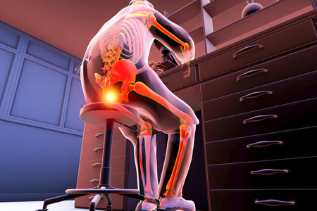A man in a laboratory setting experiencing pain in his coccyx, conceptual 3D illustration...
