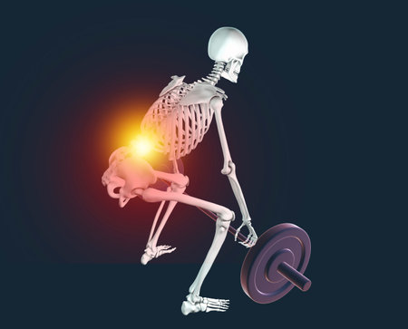 A human skeleton experiencing back pain while lifting a barbell, conceptual 3d illustrationの写真素材