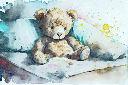 Teddy bear in bed, digital illustration in sketch styleの写真素材