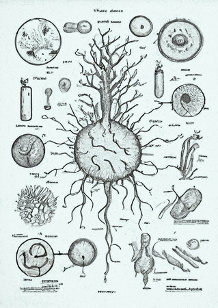 Drawings of microbes in antique book with annotations on an abstract language, digital illustration...