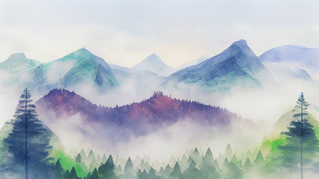 A breathtaking landscape illustration of a mountain range covered with a dense pine forest, with vibrant green trees and rocky peaks in the background, generative ai in watercolor styleの素材