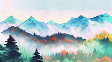 A breathtaking landscape illustration of a mountain range covered with a dense pine forest, with vibrant green trees and rocky peaks in the background, generative ai in watercolor styleの素材