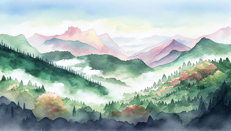 A breathtaking landscape illustration of a mountain range covered with a dense pine forest, with vibrant green trees and rocky peaks in the background, generative ai in watercolor styleの素材