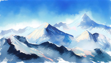 A stunning illustration of towering mountain peaks covered in a thick blanket of snow, with a bright blue sky and crisp white clouds in the background, generative ai in watercolor styleの素材