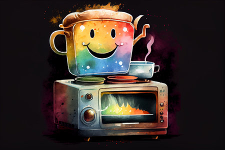 A smiling, colorful, and happy oven on a dark background, radiating warmth and joy with its cheerful expression, generative ai illustration in watercolor styleの素材