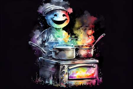 A smiling, colorful, and happy oven on a dark background, radiating warmth and joy with its cheerful expression, generative ai illustration in watercolor styleの素材