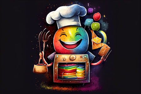 A smiling, colorful, and happy oven on a dark background, radiating warmth and joy with its cheerful expression, generative ai illustration in watercolor styleの素材