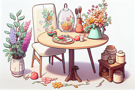 A cozy and inviting snack area with a boho-style decor, featuring soft tones and charming details, creating a relaxed and eclectic atmosphere, generative ai illustrationの素材