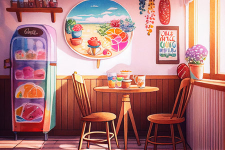 A cozy and inviting snack area with a boho-style decor, featuring soft tones and charming details, creating a relaxed and eclectic atmosphere, generative ai illustrationの素材