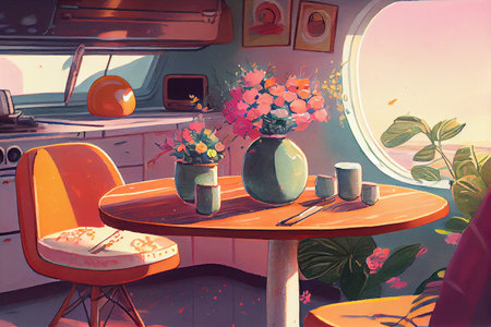 A cozy and inviting snack area with a boho-style decor, featuring soft tones and charming details, creating a relaxed and eclectic atmosphere, generative ai illustrationの素材