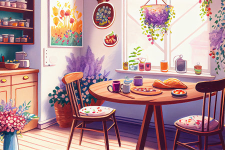 A cozy and inviting snack area with a boho-style decor, featuring soft tones and charming details, creating a relaxed and eclectic atmosphere, generative ai illustrationの素材