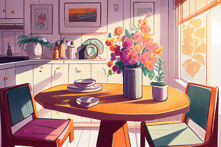 A cozy and inviting snack area with a boho-style decor, featuring soft tones and charming details, creating a relaxed and eclectic atmosphere, generative ai illustrationの素材