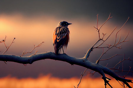A solitary bird standing on a tree branch without leaves, looking out at the empty sky, photorealistic generative ai illustrationの素材