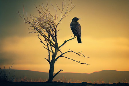 A solitary bird standing on a tree branch without leaves, looking out at the empty sky, photorealistic generative ai illustrationの素材