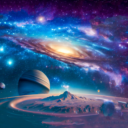 Fantasy space sky with beautiful stars and galaxies, digital illustration.の素材