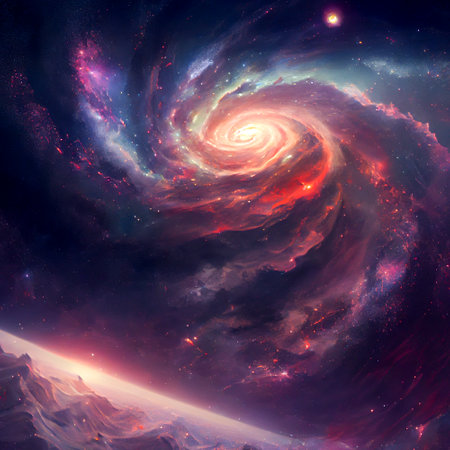 Fantasy space sky with beautiful stars and galaxies, digital illustration.の素材