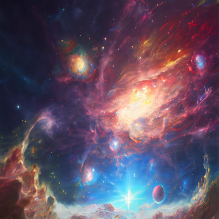 Fantasy space sky with beautiful stars and galaxies, digital illustration.の素材