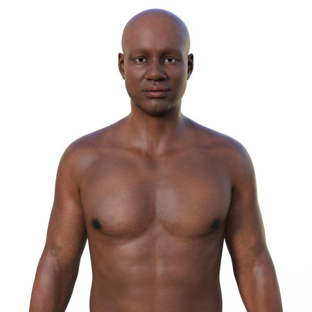 A 3D photorealistic illustration showcasing the upper half part of an African man, confidently looking at the camera, revealing the intricate details of his skin, face, and body anatomyの写真素材