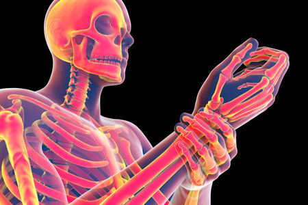 A man experiencing wrist pain, with the skeleton highlighted to show the affected area, 3D illustrationの写真素材
