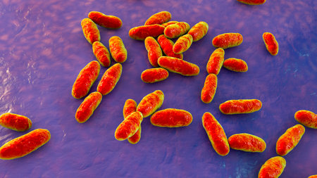 Aeromonas bacteria, 3D illustration. A Gram- negative, rod-shaped bacillus associated with septicaemia, pneumonia and gastroenteritis in humans.の写真素材