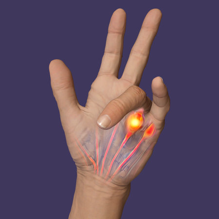 A 3D medical illustration displaying a patient's hand with Dupuytren's contracture, emphasizing the affected tendons and palmar fascia to illustrate the gross pathology of the condition.の写真素材