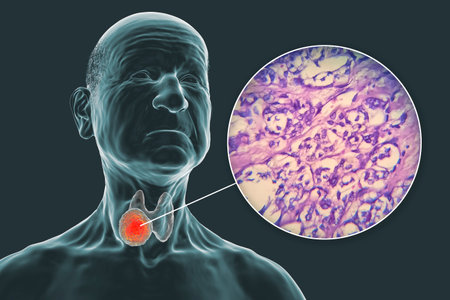 A 3D scientific illustration showcasing a human body with transparent skin, revealing a tumor in his...