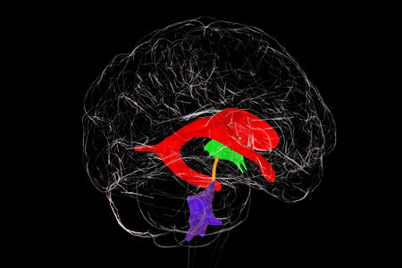 Ventricular system of brain, 3D illustration. The ventricles are cavities in the brain that are...