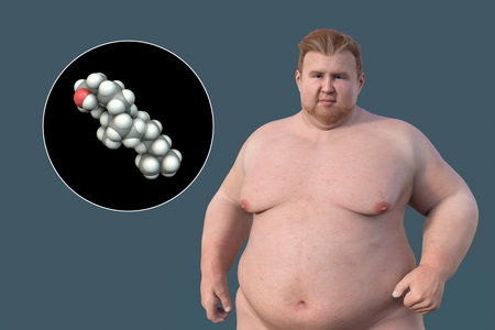 A 3D medical illustration featuring an overweight man with a close-up view of a cholesterol molecule, highlighting the connection between obesity and alterations in cholesterol metabolism.の写真素材