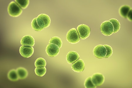 Streptococcus pneumoniae bacteria, also known as pneumococcus, Gram-positive bacteria responsible for causing various respiratory tract infections, including pneumonia, 3D illustration.の写真素材
