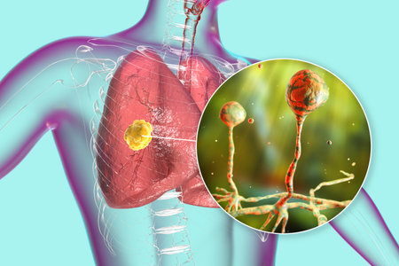 Lung mucormycosis lesion and close-up view of Rhizopus fungi, one of the causative agents of lung mucormycosis in humans, 3D illustration.の写真素材