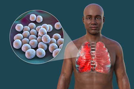 A 3D photorealistic illustration showing the upper half part of a man with transparent skin,...