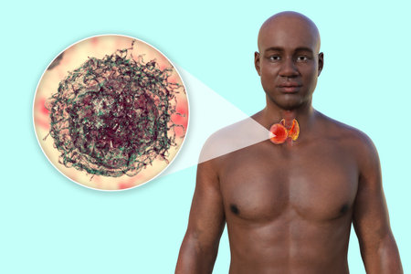 Thyroid cancer. 3D illustration showing a man with transparent skin, revealing a tumor in thyroid...