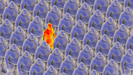 A single normal weight person barely visible amidst a large group of identical overweight people,...