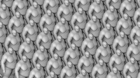 An organized arrangement of cloned overweight people, representing the obesity epidemic's widespread impact on society, conceptual 3D illustrationの写真素材