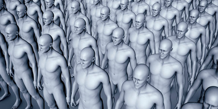 A clone of identical people, standing in an organized manner, 3D illustration representing conformity, identity, and societal norms.の写真素材