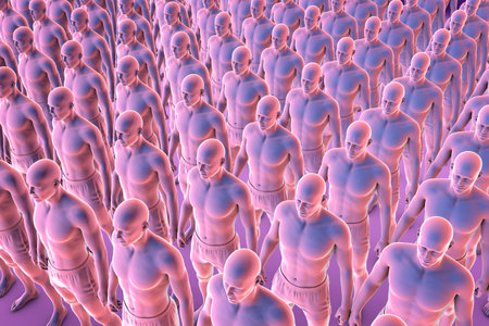 A clone of identical people, standing in an organized manner, 3D illustration representing conformity, identity, and societal norms.の写真素材