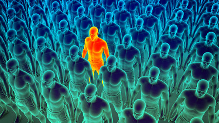 A clone of identical people standing in an organized manner, with one person colored differently, 3D conceptual illustration symbolizing individuality and uniqueness amidst conformity.の写真素材