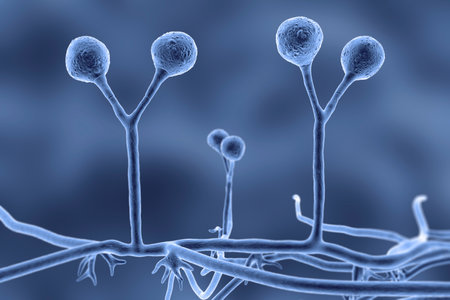 Rhizomucor fungi, 3D illustration. Filamentous fungi found in soil and decaying organic matter, causing mucormycosis, a serious infection affecting sinuses, lungs, and brain.の写真素材