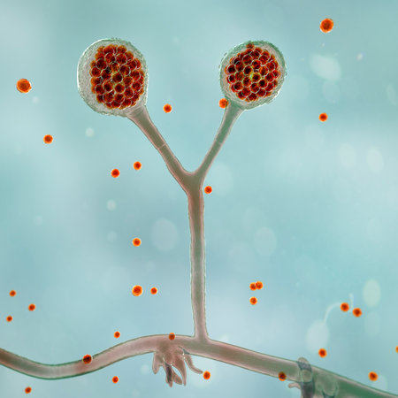 Rhizomucor fungi, 3D illustration. Filamentous fungi found in soil and decaying organic matter,...