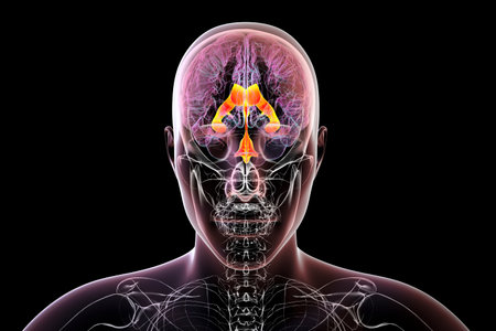 Ventricular system of the brain, front view, 3D illustration. The ventricles are cavities in the...