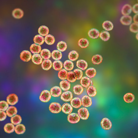 Staphylococcus bacteria, a genus of Gram-positive bacteria known for causing various infections in humans, 3D illustration.の写真素材