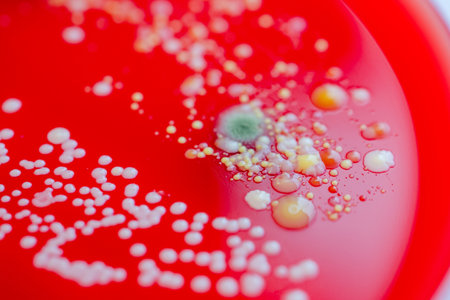 Bacterial and mold fungi colonies grown from indoor air on blood sheep agar, photograph showcasing microbial diversity and air contamination.の写真素材